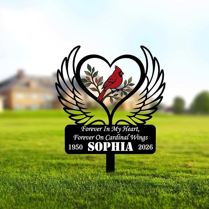 Personalized Cardinal Garden Sign with Stakes, Custom Name Sign, Yard Decor Outdoor, Memorial Gift for Mom, Garden Plaque Sympathy Gifts, loss loved Ones Cardinal Sign with Angel Wings