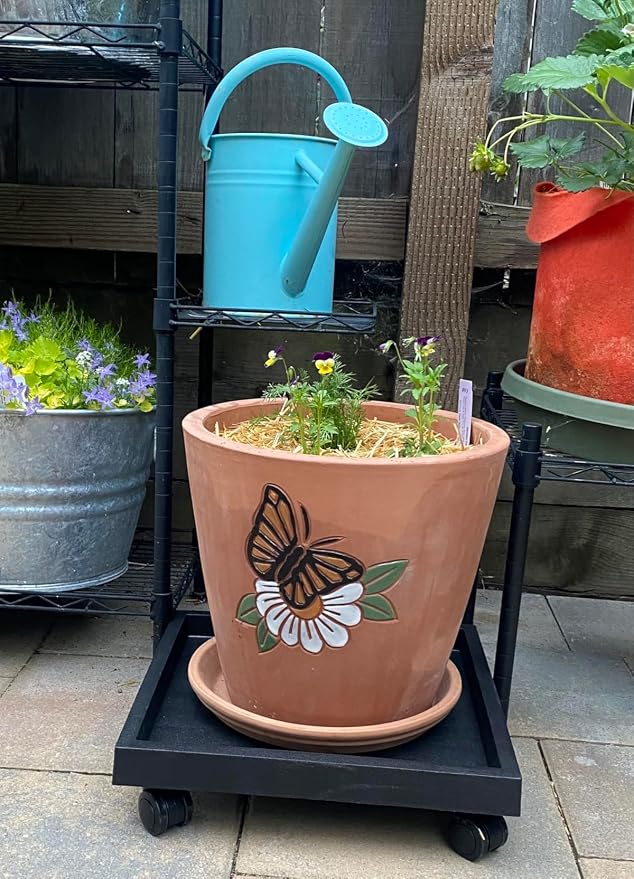 18.1 Inch Square Rolling Plant Caddy Saucer with Wheels, Wheeled Planter Stand for Potted Plant, Coaster Roller Base Tray with Casters, Flower Pot Dolly Holder, Brown
