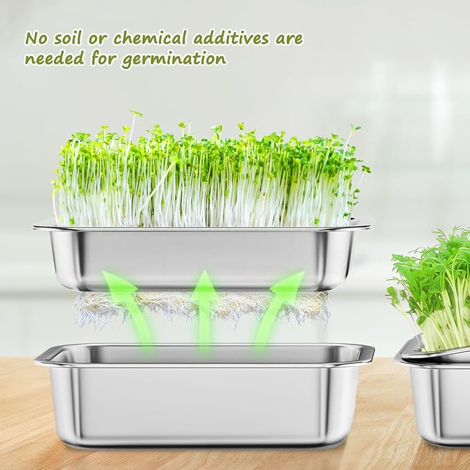 FANHAO 2-Pack Sprouting Tray Kit, Stainless Steel Soil-Free Cultivation Germination Tray, Healthy Wheatgrass Grower Sprouting Container Kit Nursery Tray for Indoors Plant Seedling
