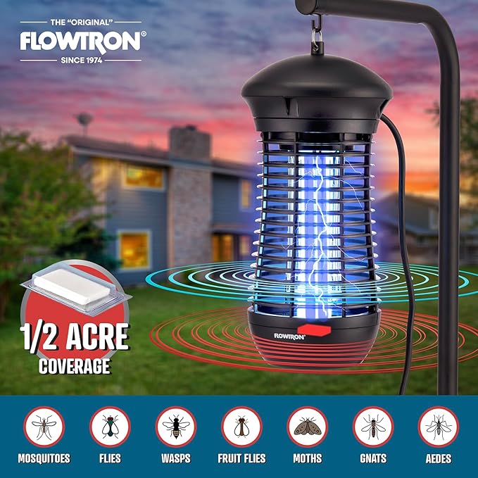 Flowtron Outdoor Bug Zapper | 4000 Volt Electric Insect Killer with 1/2 Acre Coverage | Non-Clogging Shock Grid | Kills Mosquitoes Flies & Flying Insects | Patio Deck Yard Camping | ETL Certified