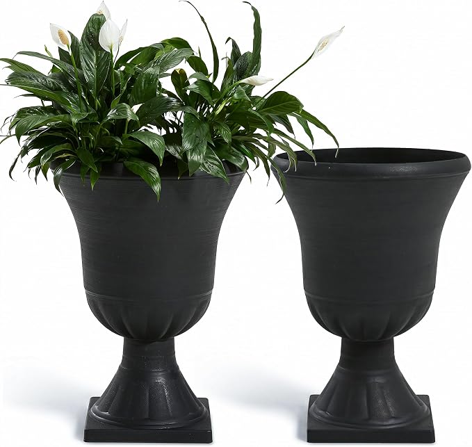 Worth Garden 2-Pack Plastic Urn Planters for Outdoor Plants, 22'' Black Tall Round Classic Resin Traditional Flower Pots - 15 in. Dia Large Imitation Stone Decorative Pot Patio Deck Front Porch