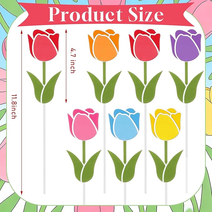 Pickmesh 6 Pcs 12" H Spring Decorations Outdoor Tulips Metal Yard Sign Flowers Spring Colorful Flower Barn Garden Stake for Easter Planter Pot Walkway Pathway Outdoor Decor Lawn Decoration