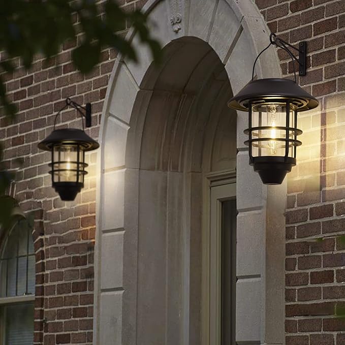 2 Pack Solar Lanterns Outdoor, Hanging Solar Lights for Outside Glass Metal with Wall Mount Bracket,Waterproof Auto Dusk to Dawn Garden Lantern for Fence Porch Decor- Warm White