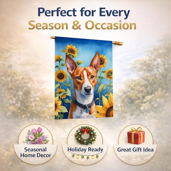 Caroline's Treasures DAC6016CHF Basenji in Sunflowers House Flag Large Porch Sleeve Pole Decorative Outside Yard Banner Artwork Wall Hanging, Polyester, House Size, Multicolor