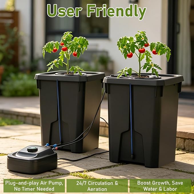 DWC Hydroponics Grow System 7.13 Gal Deep Water Culture Kit Auto Irrigation Sets w/8W 110V Air Pump, Two 12inch Bucket, Flippable Inspection Cover & Check Valve for Urban Farmer (2 Buckets+7.13 Gal)