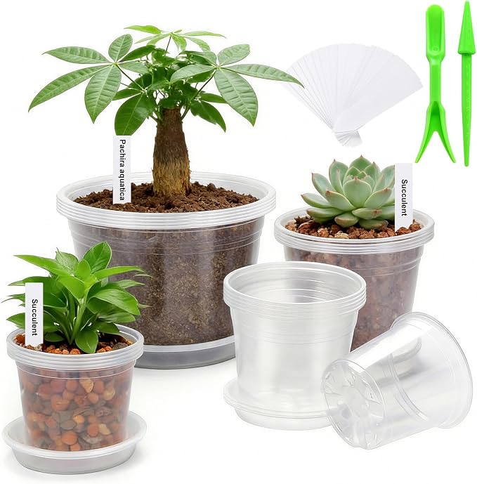 5/6/7/10 Inch Clear Nursery Pots with Drainage & Saucers 20PCS , Plant Large Pots with Labels, Seedling Tool & Hole Puncher, Plastic Nursery Pots for Succulents, Seedings, Herbs, Flowers, Vegetables