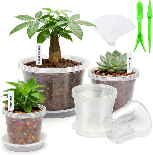 5/6/7/10 Inch Clear Nursery Pots with Drainage & Saucers 20PCS , Plant Large Pots with Labels, Seedling Tool & Hole Puncher, Plastic Nursery Pots for Succulents, Seedings, Herbs, Flowers, Vegetables