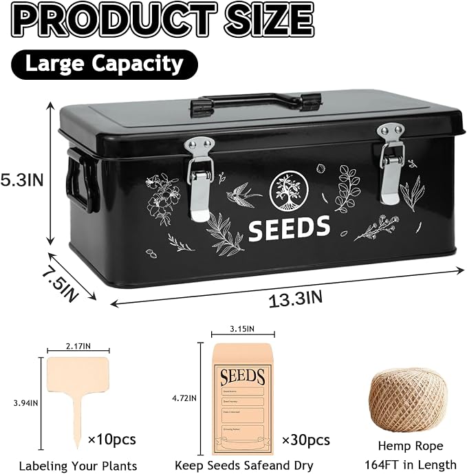 Seed Storage Box, Seed Storage Organizer with Garden String, 30 Seed Envelopes and Bamboo Plant Labels, 4 Compartments Garden Seed Organizer Box with Safety Locks, Black