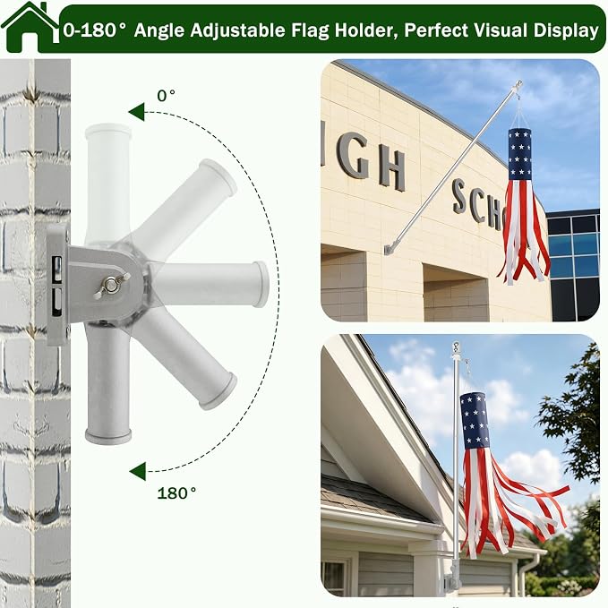 Windsocks Kit for Outside House, 4th of July Decorations US Flag 40 Inch Wind Socks with 6FT Stainless Steel Flagpole with Flag Holder and Rings (Silver)