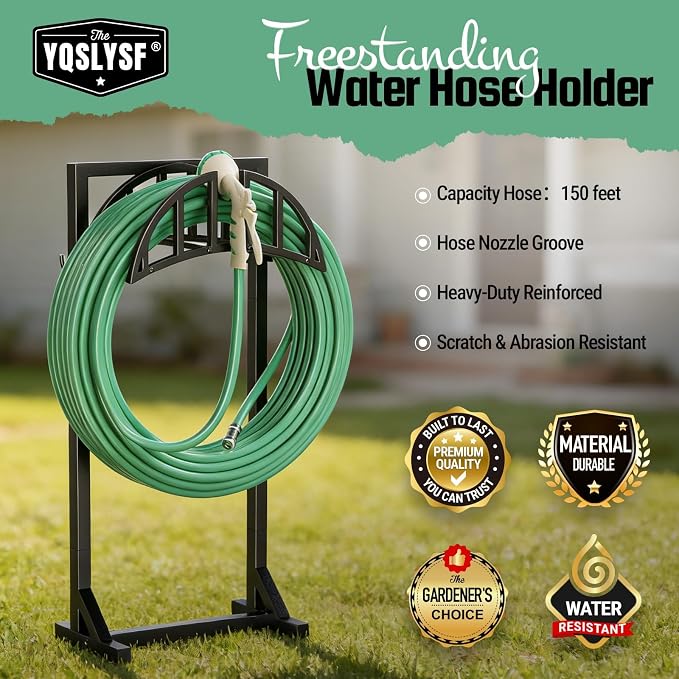 YQSLYSF 2 Pack Garden Hose Holder, Water Hose Stand with 4 Stake and 2 Tool Hooks, Heavy-Duty Metal Hose Storage Holds 150Ft, Freestanding Hose Hanger Rack for Outside, Yard, Lawn, Farm