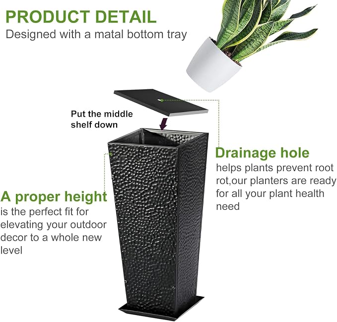 BAYN 2-Pack 24" Tall Metal Planter – Hand-Hammered Textured Large Black Flower Pots Box with Saucer for Outdoor&Indoor, Garden, Porch, Patio, Yard with Pre-Drilled Drainage Holes