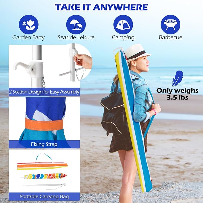 Tangkula 6.5ft Outdoor Beach Umbrella with Sand Anchor, Patio Umbrella with Push Button Tilt & UPF 50+ Protection, Portable Sunshade Umbrella with Carry Bag for Garden Beach Outdoor (Rainbow)
