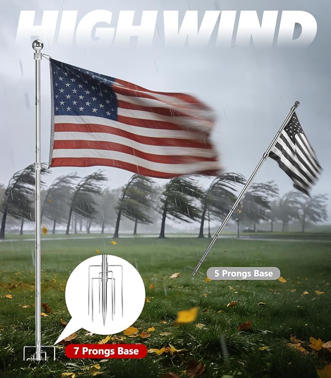 304 Stainless Steel 8FT In Ground Flag Pole with 7 Prongs Base, Heavy Duty Extra Thick Camper Flag Pole, 1 Inch Inground Flag Pole for Outside House, Yard, Garden (Silver-8FT)