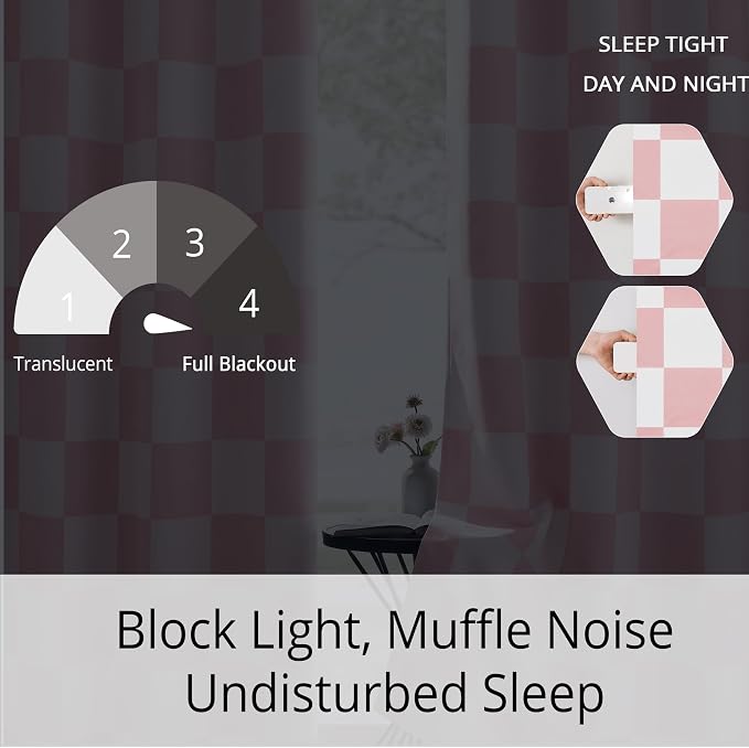 100% Blackout Checkered Curtains – 2 Panels, Each W52×L96, Thermal Insulated, Nosie Reducing for Bedroom, Modern Pink and White Checkerboard Design for Girls Room
