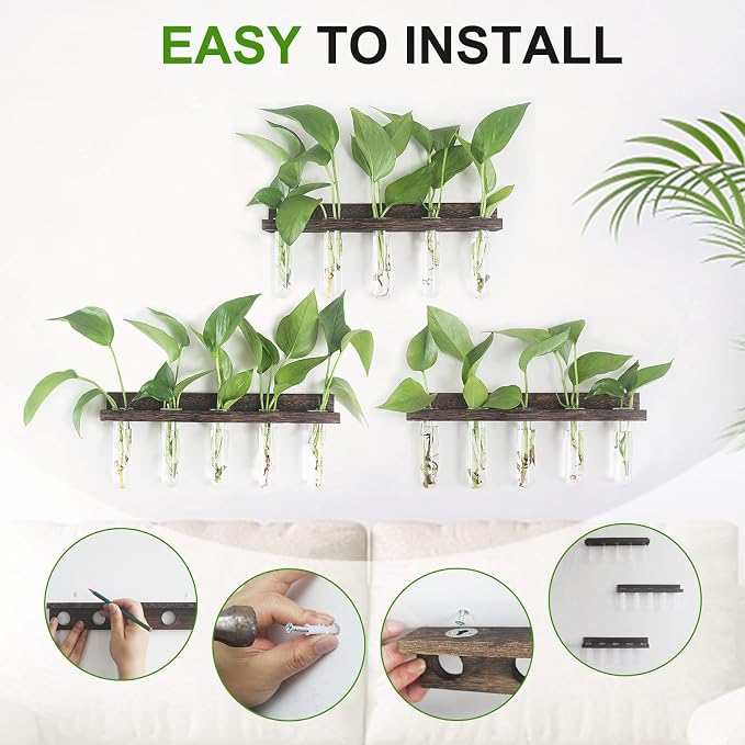 Renmxj Wall Hanging Plant Propagation Station 15 Glass Test Tubes - Brown | 3 Tiered Vase Planter for Hydroponic Home Garden Office Decor, Gardening Gifts for Women Plant Lover