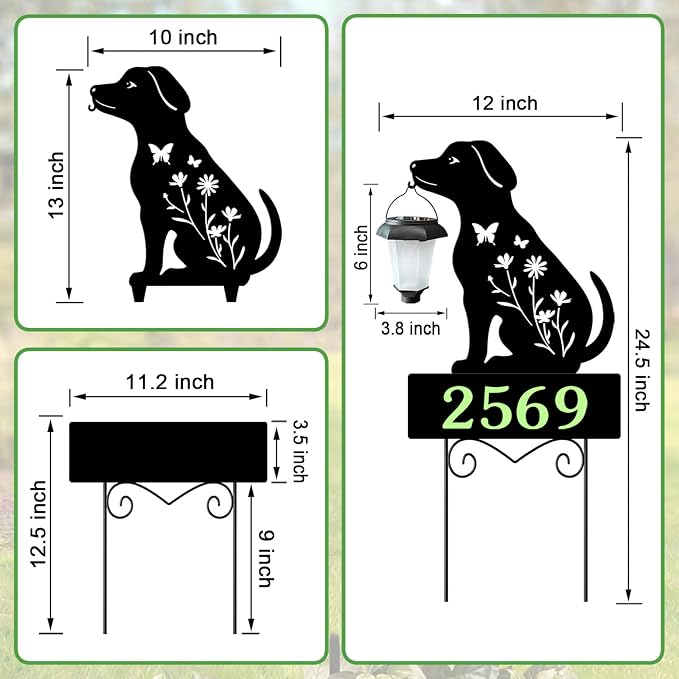 Solar House Numbers for Outside,YY Gardenia Metal Dog Address Signs for Houses with Glow in the Dark,Outdoor Decorative for Garden,Lawn,Patio,Pathway
