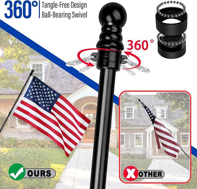 XIFAN American Flag with Pole Kit for Outside - 6FT Black Stainless Steel Flag Pole, 3x5FT Embroidered Flag, 180° Adjustable Bracket for House Porch, Residential Commercial Outdoor Use, Tangle Free
