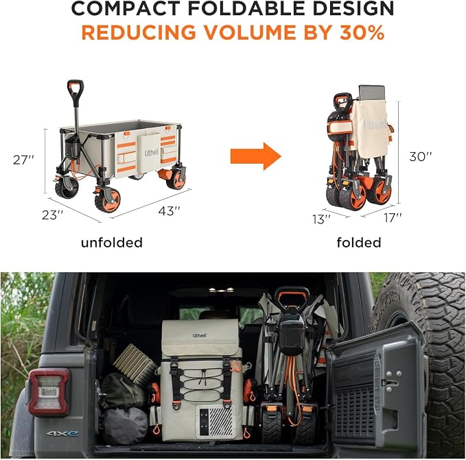 Litheli Electric Utility Wagon Cart, 150L Capacity, 450 lbs Load, Foldable Heavy-Duty Design with All-Terrain Wheels, Variable Speed Drive & Battery Power for Camping, Beach, Garden & Shopping