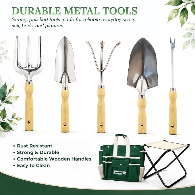 GardenHOME 7-Piece Gardening Tool Set with Folding Stool and Storage Tote Bag, Stainless Steel Garden Tools with Wooden Handles, Garden Kit for Planting, Weeding, Pruning, Yard Work, Gardening Gifts