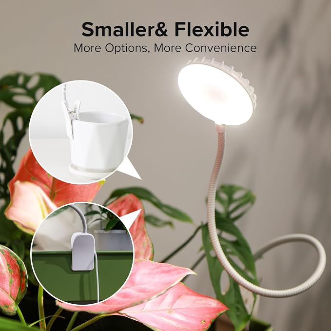2 Pack 12W Each Clip-On Grow Lights for Indoor Plants, White Pot Clip Plant Lights with Flexible Gooseneck, 4000K Full Spectrum, 3/6/12H Timer, 4 Dimmable Levels