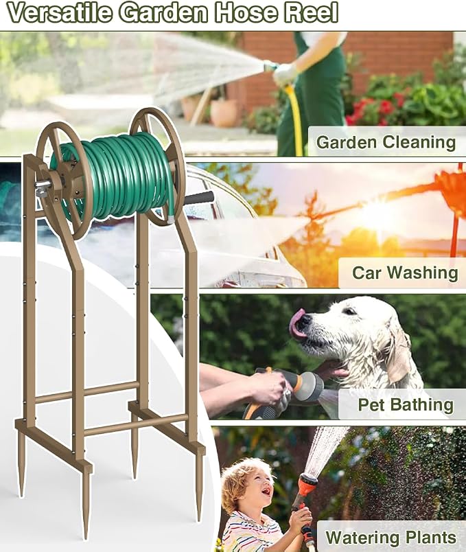 4-Spike Garden Hose Reel with 3.9ft Leader Hose & Stainless Fitting, Outdoor Hose Holder holds 125ft Hose of 5/8", Freestanding Metal Hose Stand for Outside Yard Lawn, Brown