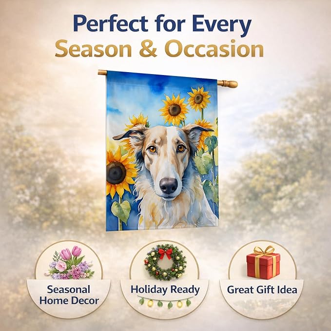 Caroline's Treasures DAC6035CHF Borzoi in Sunflowers House Flag Large Porch Sleeve Pole Decorative Outside Yard Banner Artwork Wall Hanging, Polyester, House Size, Multicolor