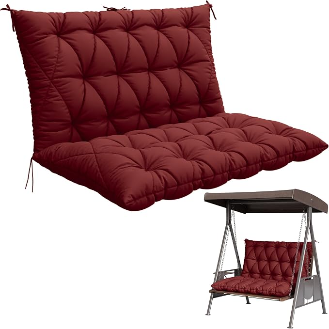 Porch Swing Cushion with Backrest,Waterproof Bench Cushion for Outdoor Furniture,2-3 Seater Replacement Thickened 5 in swing cushion,with Ties,Patio,Outdoor,Backyard and Garden (Burgundy,47x40 in)