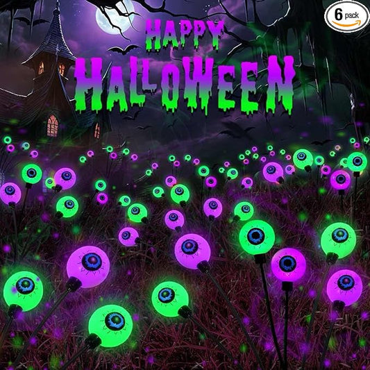 6 Pack Halloween Decorations Outdoor Solar Eyeball Lights, Purple and Green Scary Eyeball Swaying Firefly Lights with 2 Modes, Waterproof Halloween Pathway Lights for Yard Garden Lawn Party Decor