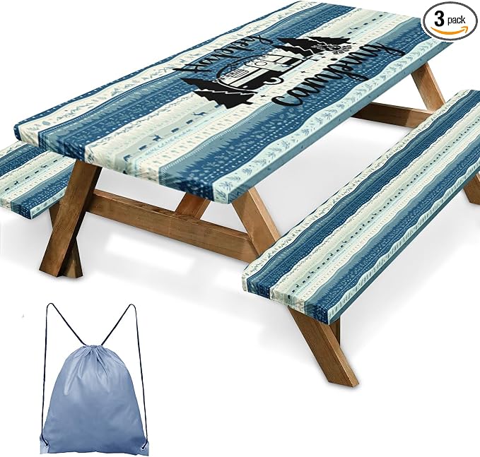Picnic Table Cover with Bench Covers Elastic Edges, Forest Camper Fitted Table Cover, Outdoor Camping Essentials 72 Inch 3PCS, Waterproof Camping Fitted Tablecloth with Drawstring Bag