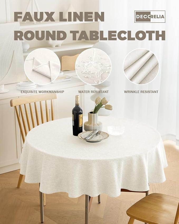 Decorelia Waterproof Round Tablecloth for Round Dining Table, Decorative Rustic Soft Wipeable Table Cloths Cover Indoor Outdoor Use for Holiday,Wedding, Kitchen (70 Inch,Round (4-6 Seats),Ivory)