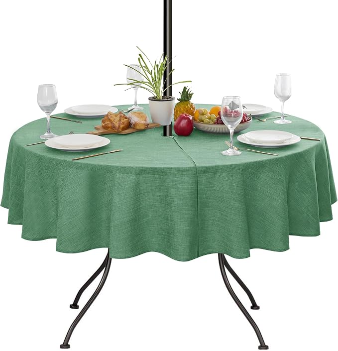LUSHVIDA Outdoor Tablecloth with Umbrella Hole - Patio Table Cloth Zippered Round 60 Inch, Sage Green Linen-Look Polyester Table Cover Water Resistant for Picnic Outside