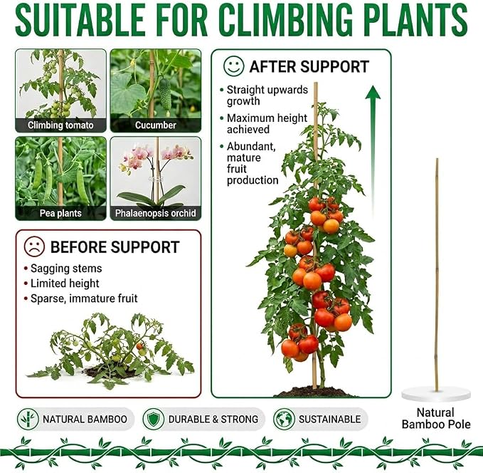Plant Stakes Natural Bamboo Sticks - 50 Pcs Bamboo Garden Stakes for Plants 18 Inches Plant Support Sticks with Twist Ties for Tomatoes Beans Orchid Flowers Indoor Outdoor Potted Climbing Plants