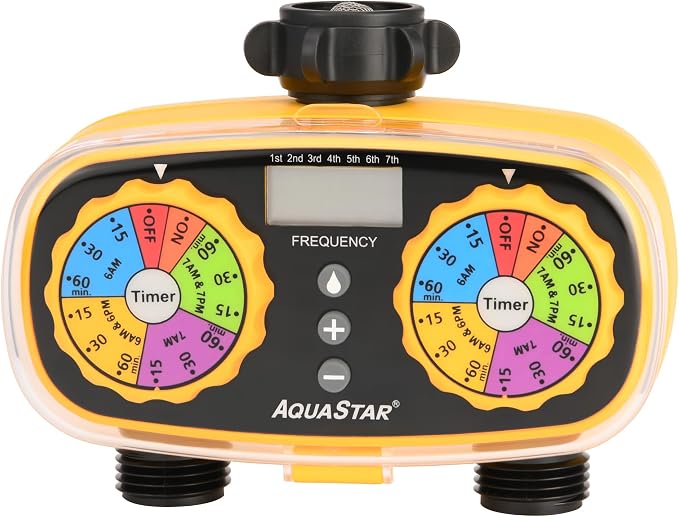 AQUASTAR Two-Zone Hose Watering Timer (Yellow), Automatic Irrigation for Lawn, Garden, Yard, Two Outlets