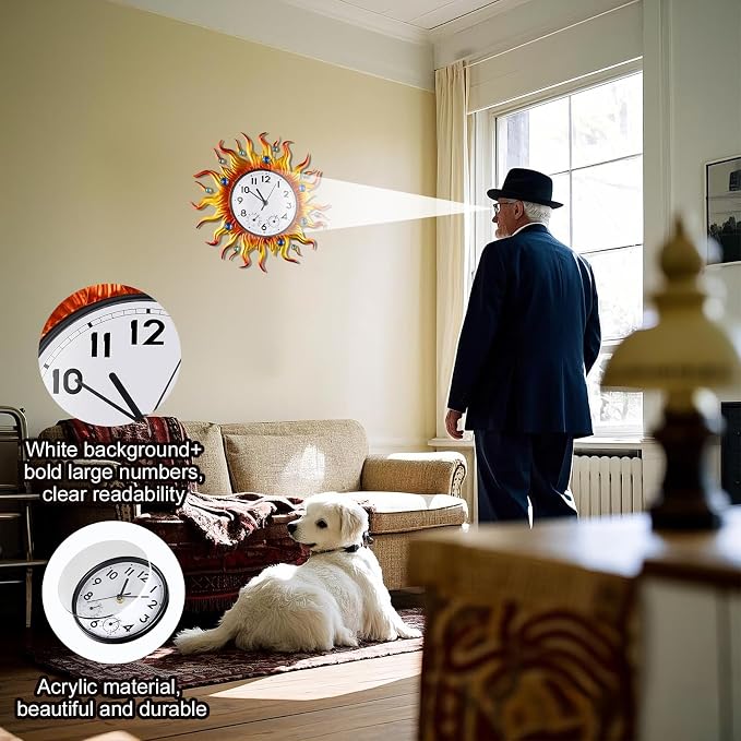 Outdoor Clock Thermometer Combo, Sun Outdoor Wall Clock, Silent Non-Ticking Outdoor Clocks Waterproof for Patio, Garden