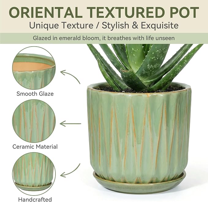 7.5 Inch Ceramic Planter Pot with Saucer Drainage Leak-Proof Mesh,Flower Pots for Indoor Plants with Gardening Gloves,Ceramic Planter(Light Green)