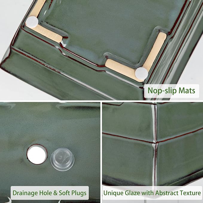 Large Ceramic Bonsai Pots with Drainage Trays Set of 2, 10" Green Glazed Bonsai Planters for Indoor/Outdoor Use, Rectangular Shallow Bonzai Tree Pot for Succulent, Orchids, Cacti, Home, Patio, Garden,