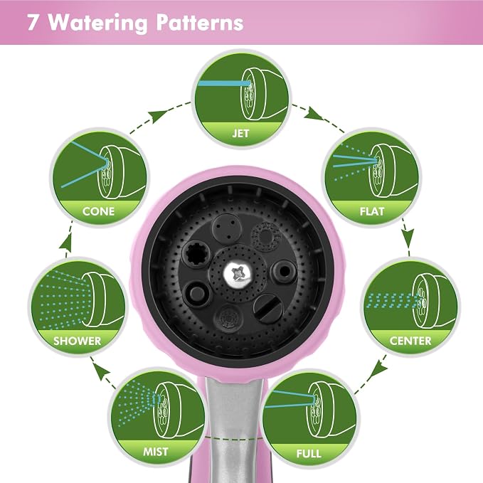 RESTMO Metal Watering Wand, Heavy Duty Garden Hose Wand with 180° Swivel Ratcheting Head, 16'' Hose Nozzle Sprayer with 7 Spray Patterns and Flow Control, for Water Hanging Baskets and Shrubs, Pink