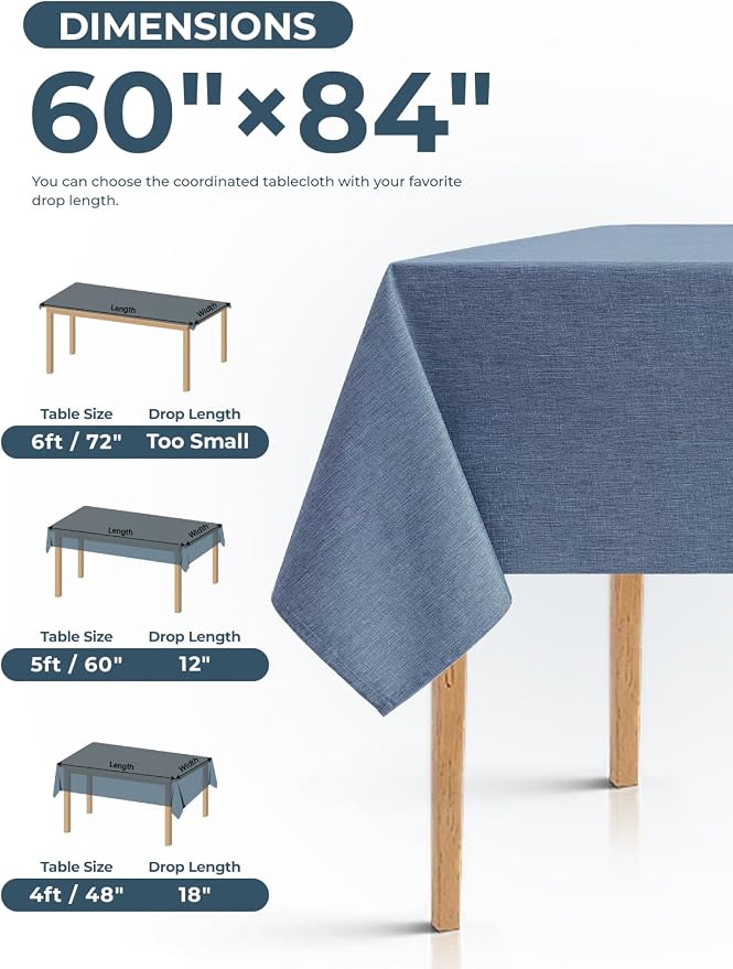 Decorelia Faux Linen Farmhouse Table Cloth 60"x84" for Rectangle Table, Denim Blue Waterproof Outdoor Washable Cloth Tablecloth for Rectangular Dining Room Kitchen Outdoor Party Restaurant Decor