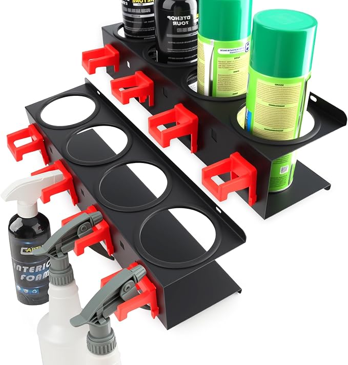 2 Pack Spray Bottle Holder Wall Mount, Carbon Steel Heavy-Duty Car Detailing Bottle Organizer, Spray Can Holder Rack with 4 Holes & 4 Hooks, Space Saving Storage Holder for Garage Workshop Van Shed