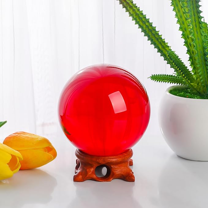 Red Crystal Ball 80mm/3.1 inch with Rose Wooden Stand and Gift Box for lensball Photography,Fortune Teller,Feng Shui, Witchcraft Decor,Scrying,Magic,Quartz Crystal Orb Prop Decorative Glass Sphere