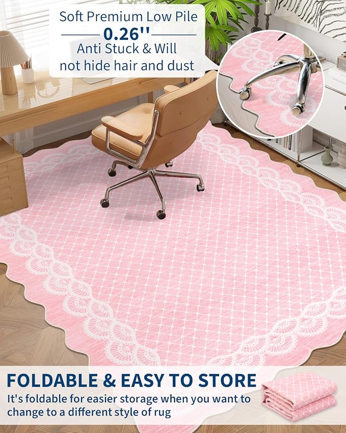 Garvee Washable Scalloped 9x12 Area Rug for Living Room, Lace Pink Rug | Washable Rugs 9x12, Soft Low Pile Non Slip Scalloped Rugs for Under Table Nursery College Bedroom Playroom