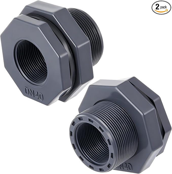 2 Pcs 1-1/2 Inch Bulkhead Fitting PVC Water Tank Connector Plumbing Pipe Threaded Bulkhead Fitting NPT for Rain Barrels, Water Tanks, Aquariums, Tubs, Pools