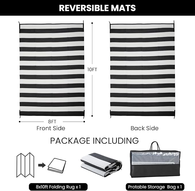Outdoor Rug 8 x 10 ft, Reversible Plastic Straw Rug for Patio, Waterproof Large Outdoor Carpet for RV, Patio, Camping, Backyard, Deck, Picnic, Beach, Black & White