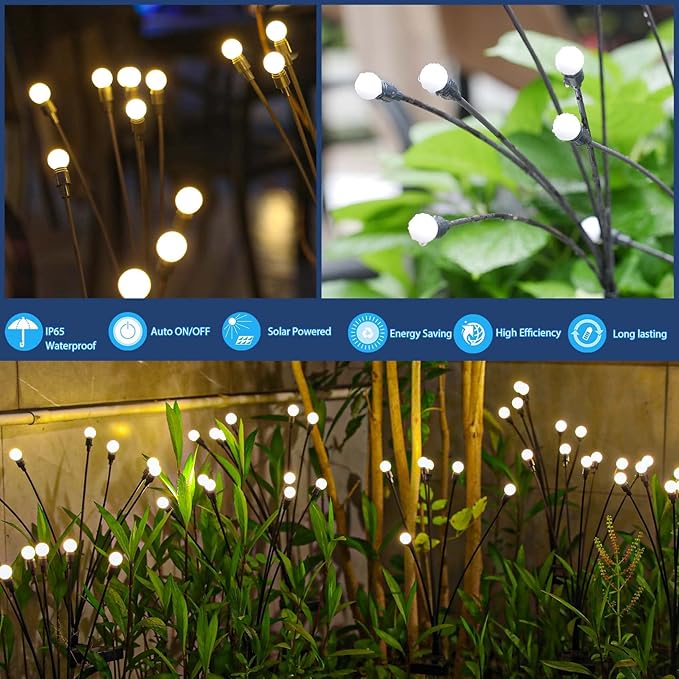 TONULAX Solar Garden Lights - 6 Pack Upgraded Solar Swaying Light, Sway by Wind, Outdoor Lights, Yard Patio Pathway Decoration, High Flexibility Iron Wire & Heavy Bulb Base, Warm White