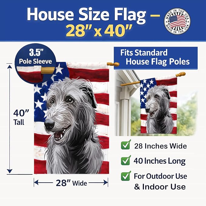 Caroline's Treasures CK6695CHF Scottish Deerhound Dog American Flag House Flag Large Porch Sleeve Pole Decorative Outside Yard Banner Artwork Wall Hanging, Polyester, House Size, Multicolor