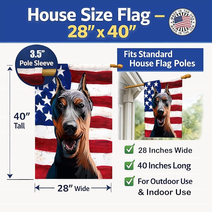 Caroline's Treasures CK6534CHF German Pinscher Dog American Flag House Flag Large Porch Sleeve Pole Decorative Outside Yard Banner Artwork Wall Hanging, Polyester, House Size, Multicolor
