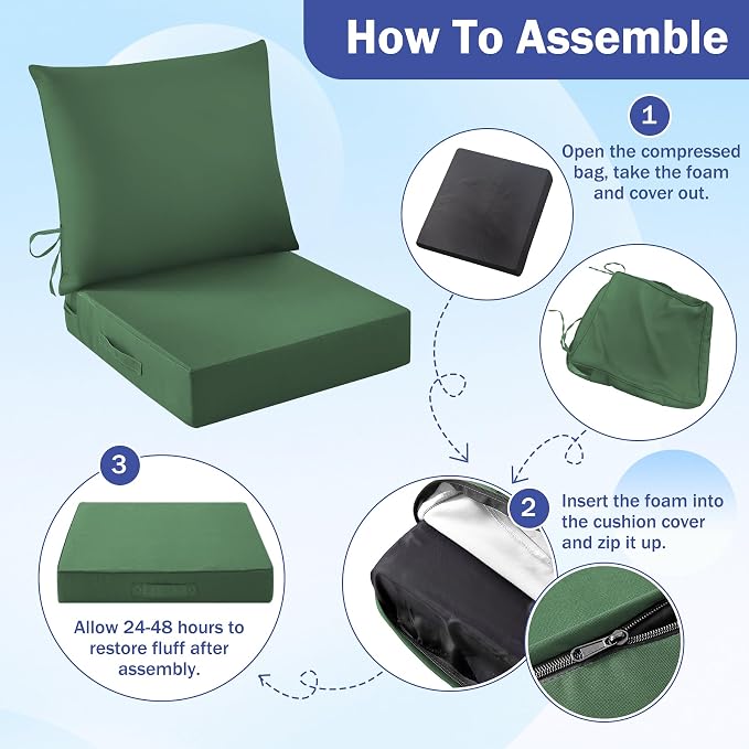 Outdoor Chair Cushions, 24 x 24 Inch Outdoor Cushion for Patio Furniture, Patio Chair Cushion, Waterproof & Fade Resistant Deep Patio Furniture Cushion Set with Handle and Ties, ForestGreen (Set of 2)