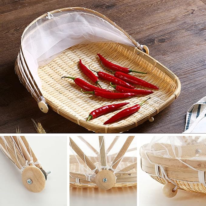 Mwellewm Food Bamboo Food Serving Tent Basket Hand-Woven Basket Serving Dustproof Picnic Basket Vegetable Fruits Bread Home Square Storage Basket with Mesh Gauze Cover Container