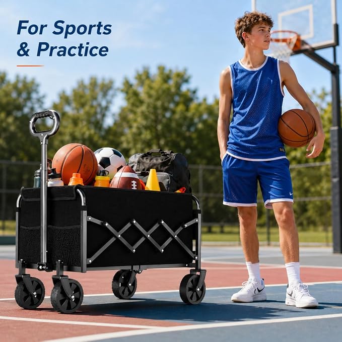 Collapsible Wagon Cart with Wheels, Compact 360 lb Folding Utility Wagon | 120L compact wagon with 360 lb support, 11 lb lightweight design, adjustable handle, 2 cup holders and all-terrain wheels