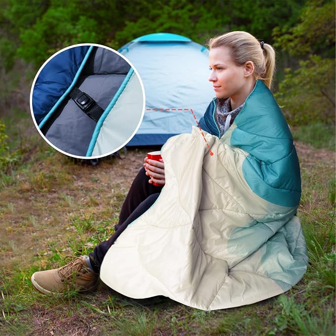 Outdoor Puffy Camping Blanket, Lightweight Down Alternative Printed Large Ultra Warm Quilt Waterproof for Traveling Picnic Beach Party Cold Weather (Green Mountain)